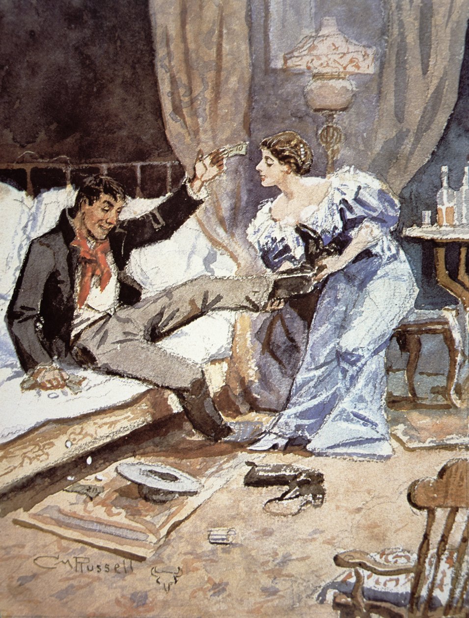 Saloon girl with a drunken cowboy, c.1898 (aguarela sobre papel) de Charles Marion Russell