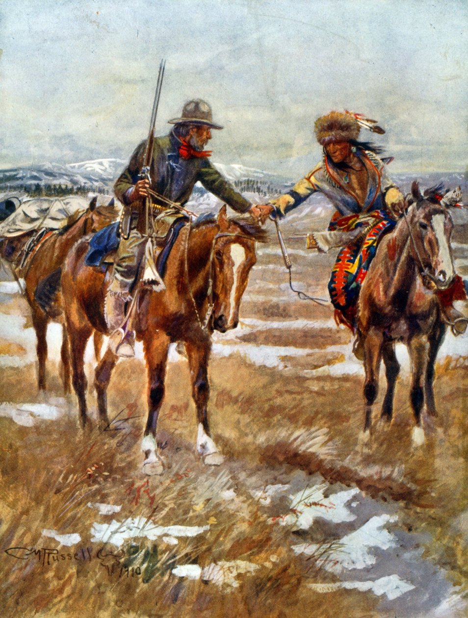 O encontro de homens americanos e nativos americanos a apertar a mão a cavalo de Charles Marion Russell