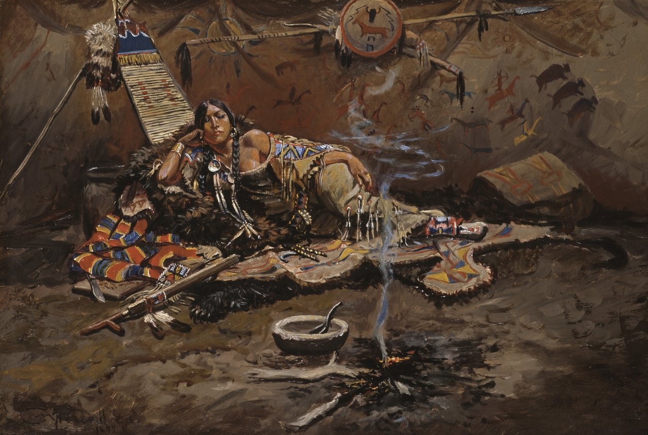 Waiting And Mad (óleo a bordo montado em masonite) de Charles Marion Russell