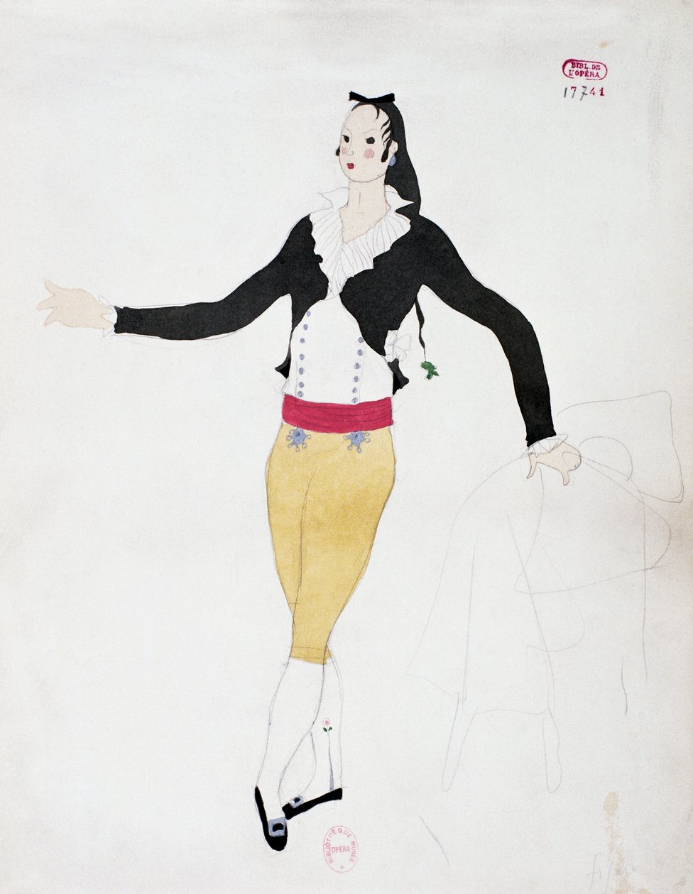 Traje para o personagem de Figaro de O Barbeiro de Sevilha de Gioacchino Rossini, esboço de Charles Martin (1884-1934) de Charles Martin