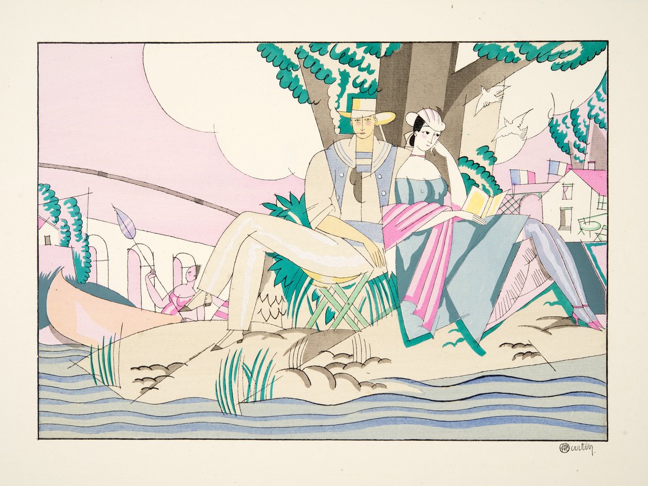 Pesca de esportes e entretenimento, pub. 1914 (estêncil) de Charles Martin