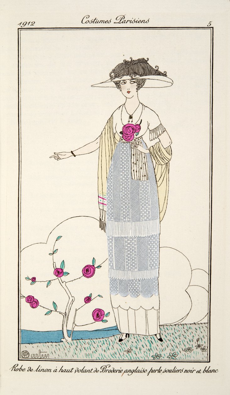 Bordado de pérola preto e branco vestido de salto alto, placa 5, trajes parisienses publicado no Journal des Dames e des Modes, 1912 (gravura colorida à mão) de Charles Martin
