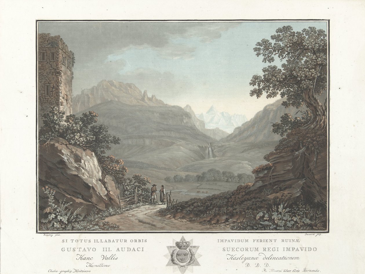 Berglandschap em Zwitserland
Vista do vale de Oberhashi (título sobre o objecto)
Vistas notáveis das montanhas da Suíça (título da série) de Charles Melchior Descourtis