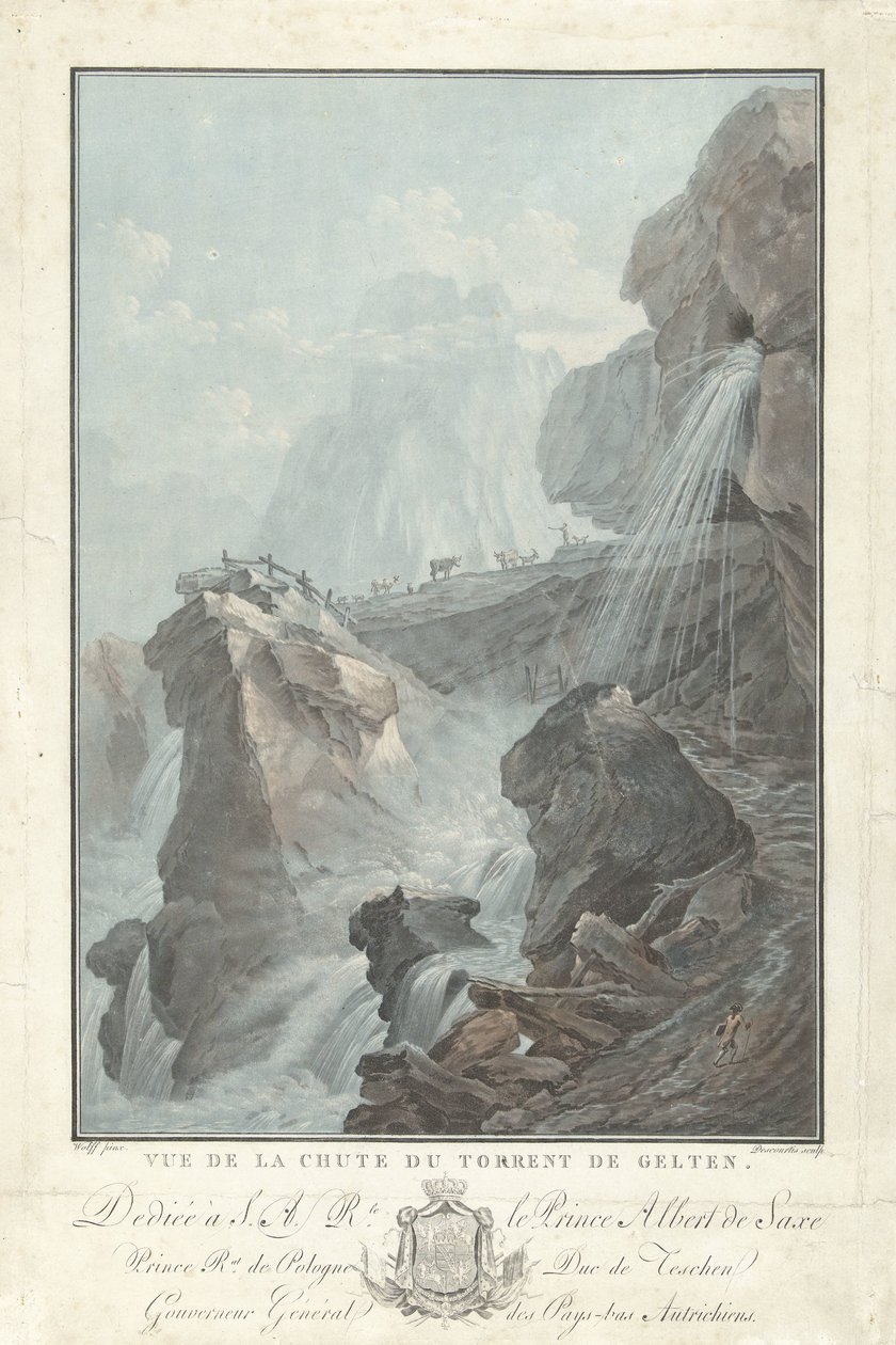 Vista da cachoeira Gelten Vista da Chute du Torrent de Gelten (título no objeto) Vistas notáveis ​​das montanhas da Suíça (título da série) de Charles Melchior Descourtis