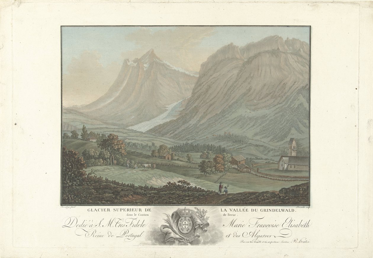 Gletsjer bij de valley van Grindelwald Geleira Superior do Vale Grindelwald no Cantão de Berna (título no objeto) Vistas notáveis ​​das montanhas da Suíça (título da série) de Charles Melchior Descourtis