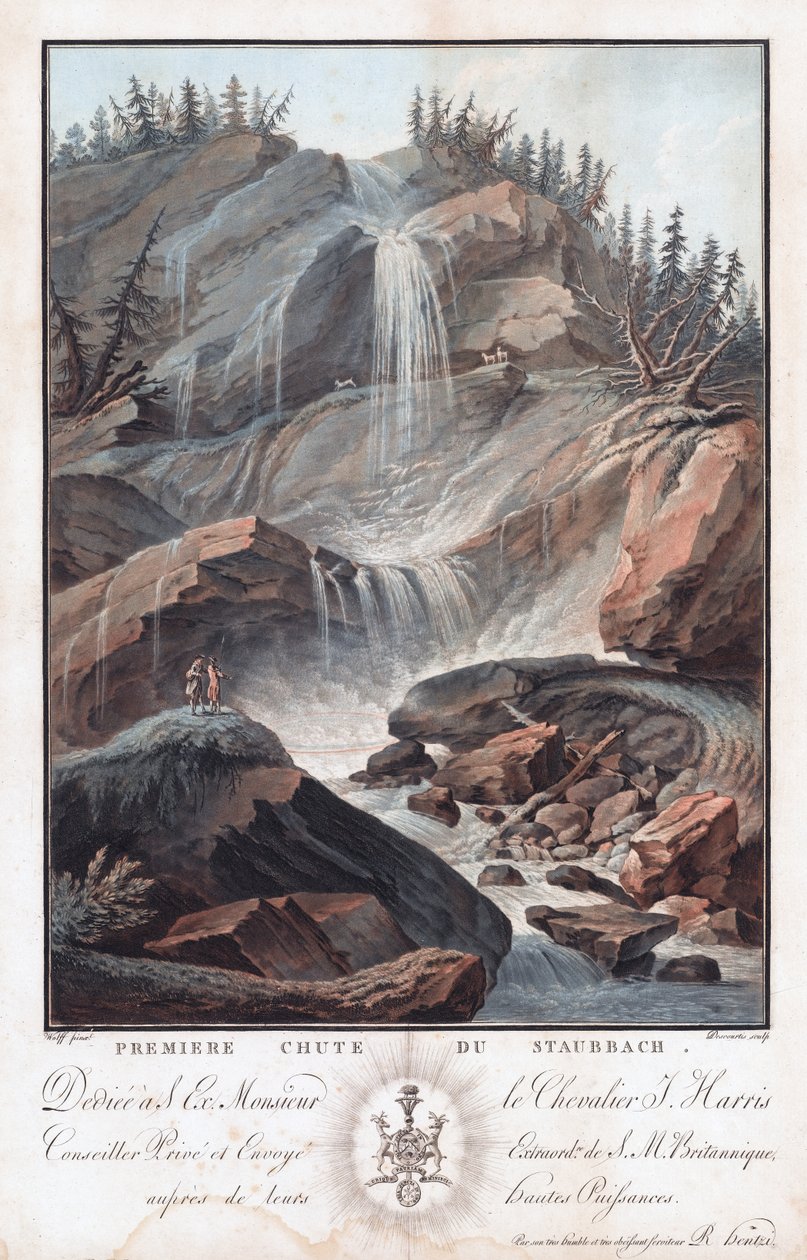 Premiere Chute Du Staubbach, final do século
século XVIII-início do século XIX (Gravura e água-tinta) de Charles Melchior Descourtis