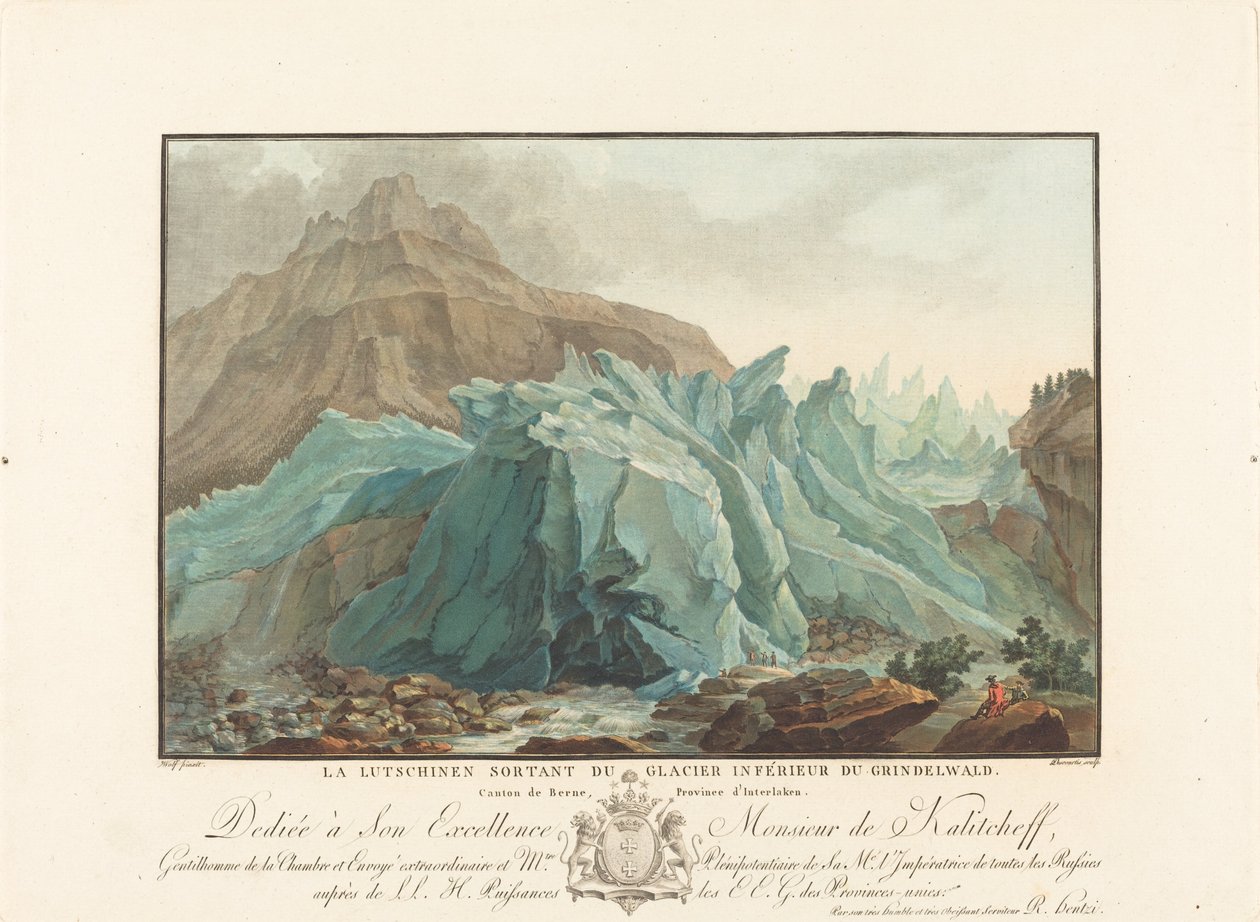 O Lutschinen emergindo do Glaciar Lower Grindelwald de Charles Melchior Descourtis after Caspar Wolf