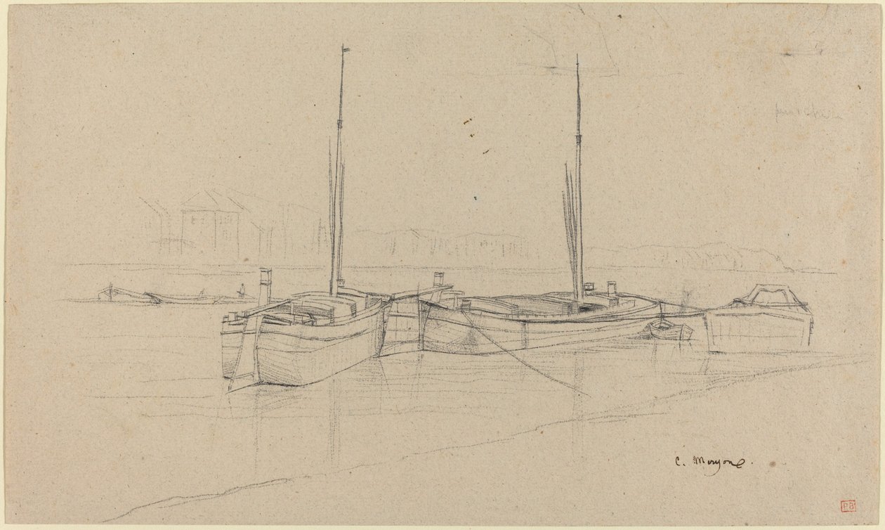 Barcos no rio com mastros de Charles Meryon