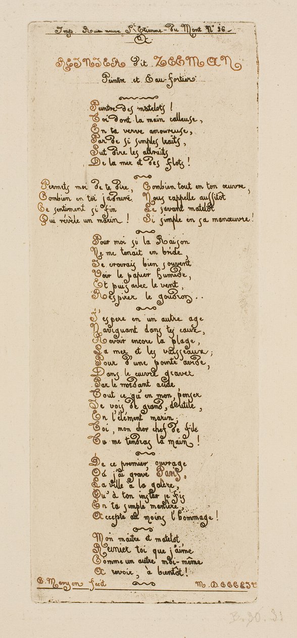 Versos dedicatórios de Meryon a Reinier Nooms, chamado Zeeman de Charles Meryon