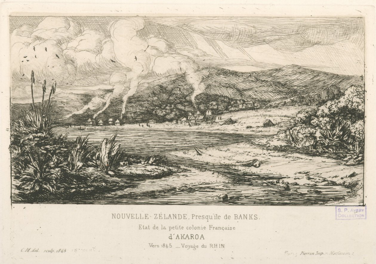 Estado da pequena colónia francesa de Akaroa, ilustração de "Etchings of the Pacific... de Charles Meryon