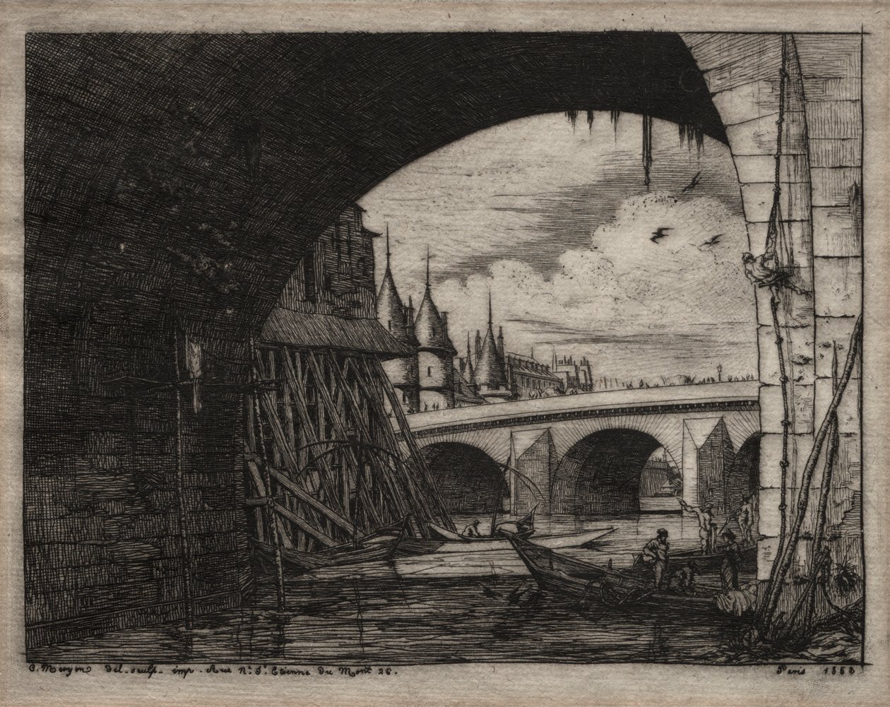 Água-forte de Paris: um arco da ponte de Notre Dame de Charles Meryon