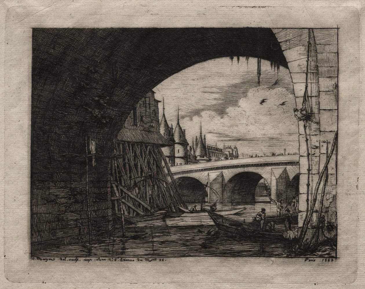 Água-forte de Paris: um arco da ponte de Notre Dame de Charles Meryon