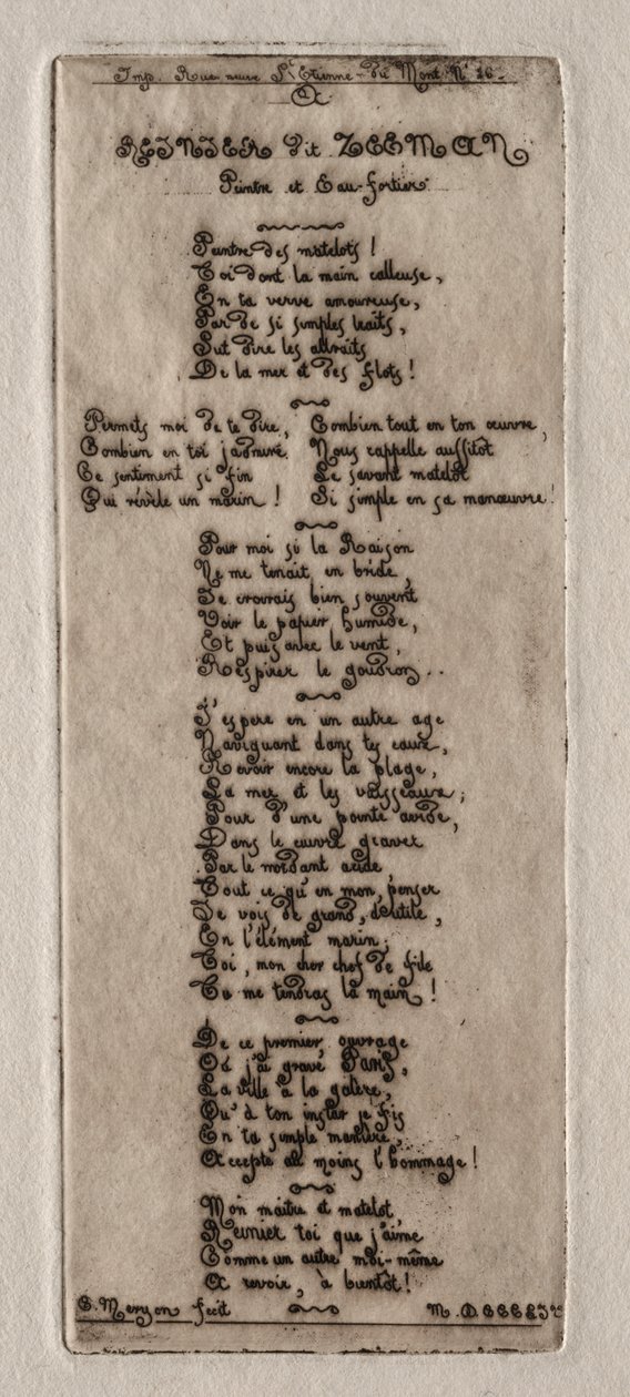 Gravuras de Paris: Dedicação a Reynier Nooms, chamada Zeeman, 1854. de Charles Meryon