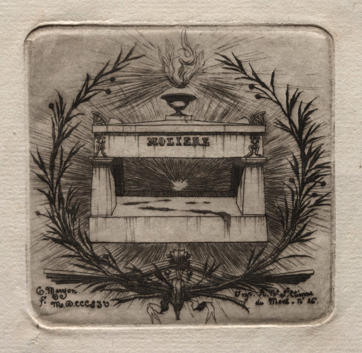Litografias de Paris: Túmulo de Molières no cemitério Père Lachaise, 1854. de Charles Meryon
