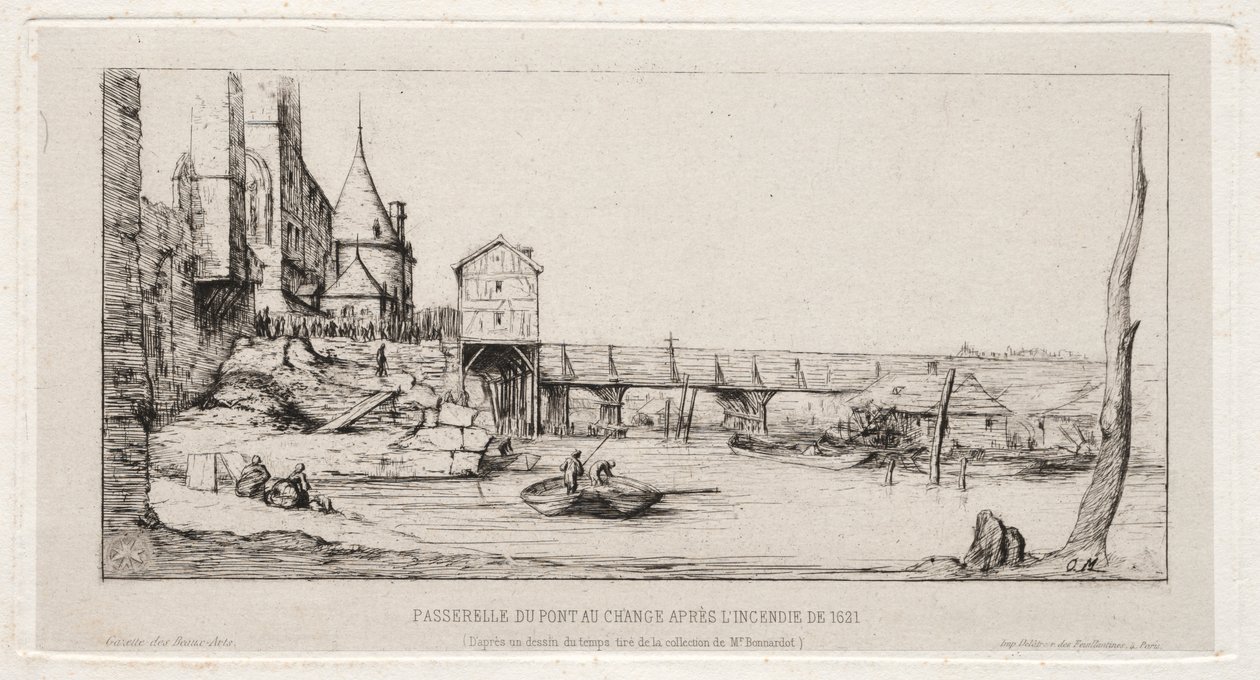 Passarela substituindo temporariamente a ponte Exchange, Paris, após o incêndio de 1621 de Charles Meryon