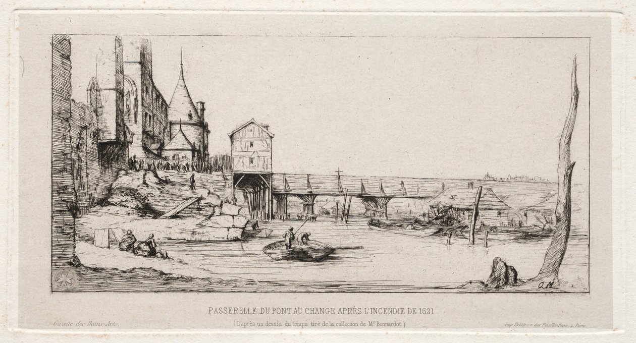 Passarela Substituindo temporariamente a ponte Exchange, Paris, após o incêndio de 1621, 1860. de Charles Meryon