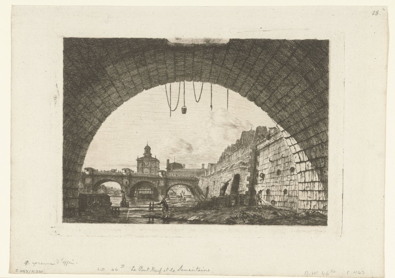Gezicht op Pont-Neuf van onder boog Pont-au-Change em Paris A Pont Neuf e a Samaritaine sob o primeiro arco da Pont au Change de Charles Meryon