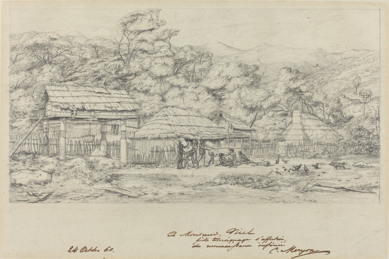 Celeiros e habitações nativas em Akaroa, Banks Island de Charles Meryon