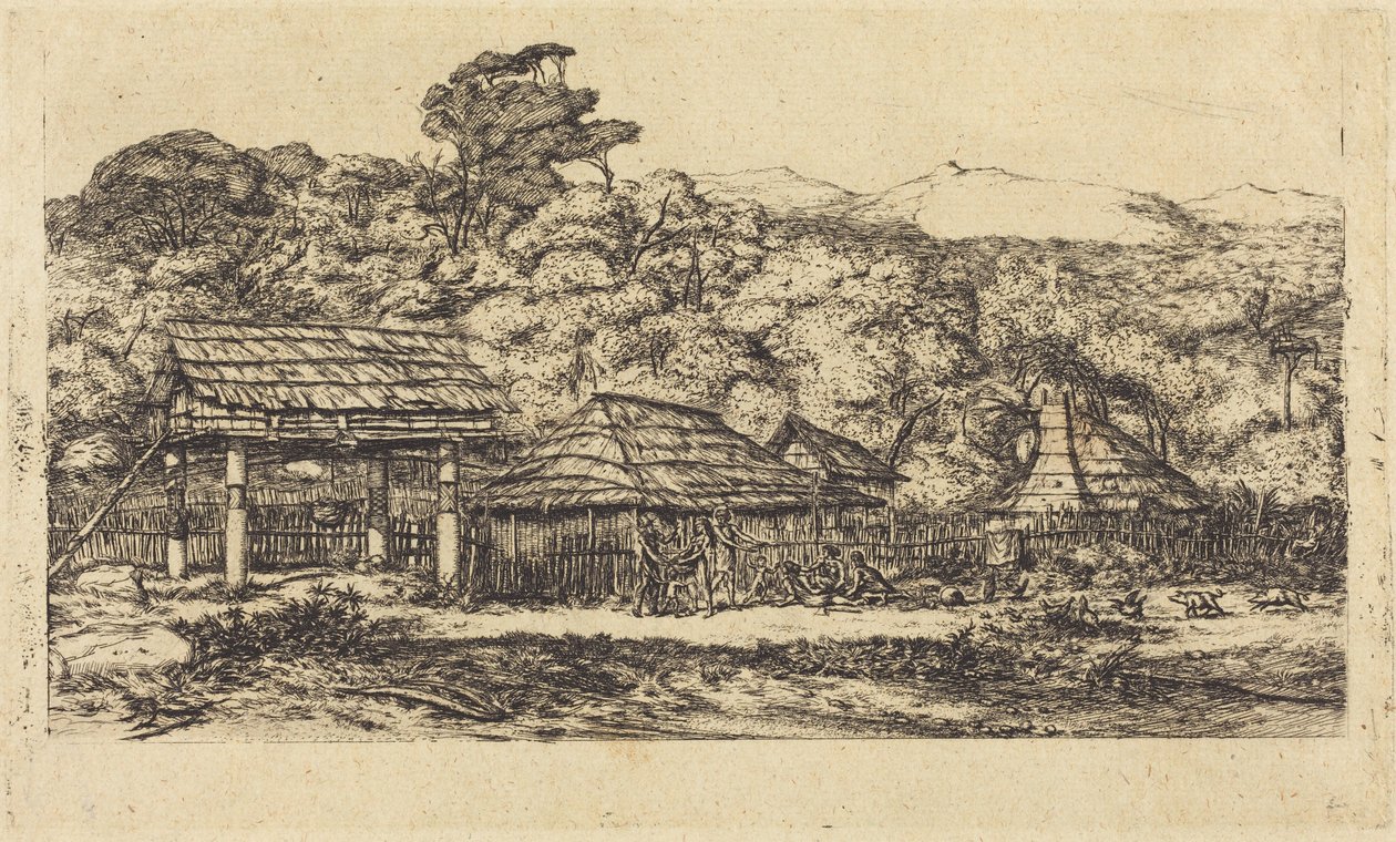 Celeiros indígenas e cabanas em Akaroa, península de Banks, 1845 de Charles Meryon