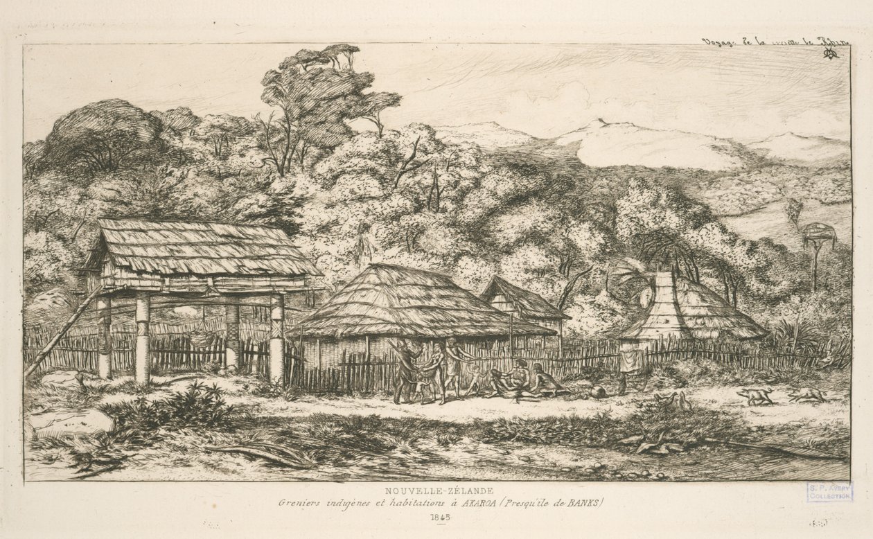 Espigueiros e habitações nativas em Akaroa, Península de Banks, ilustração de "Etchings of the Pacific". de Charles Meryon