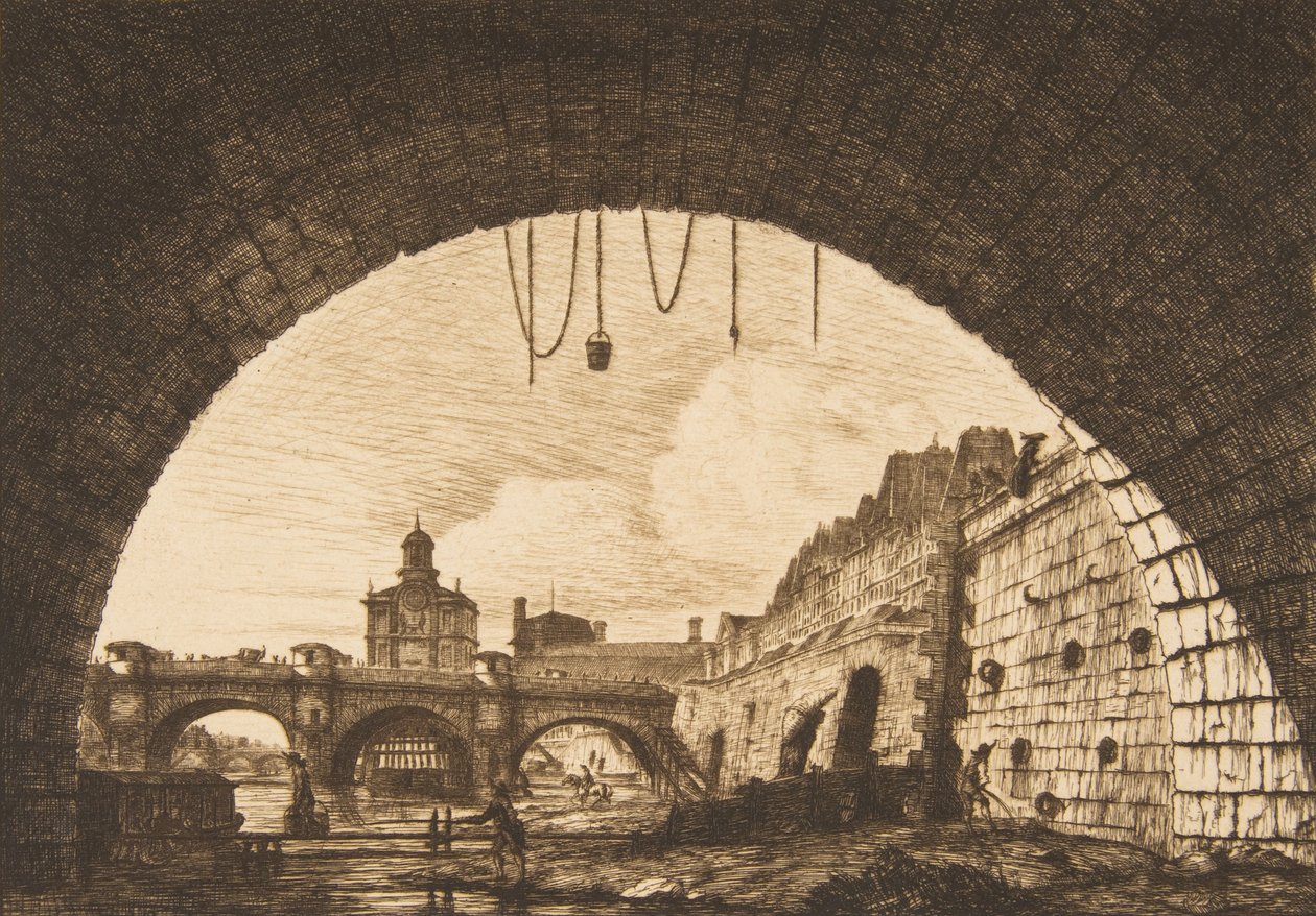 O Pont-neuf e o Samaritaine sob o primeiro arco do Pont-au-Change Pont-neuf..., 1855. de Charles Meryon