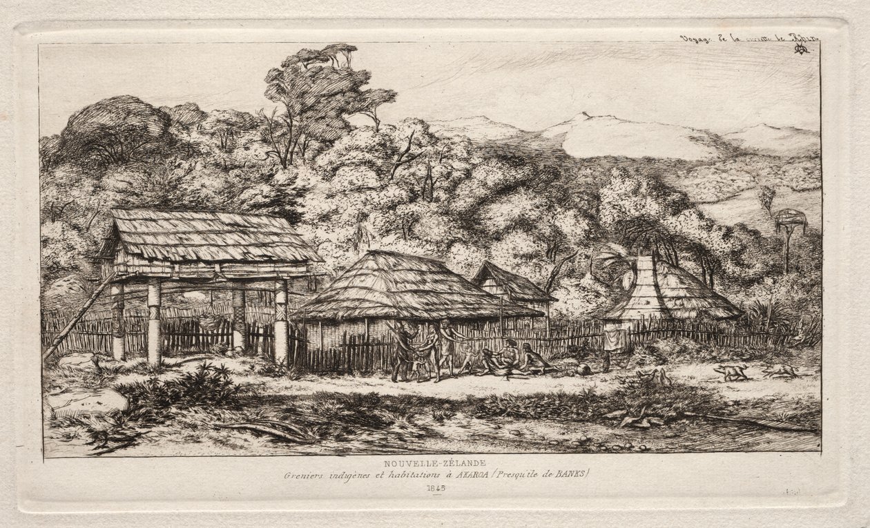 Celeiros e cabanas nativas em Akaroa, península de Banks, 1845 de Charles Meryon