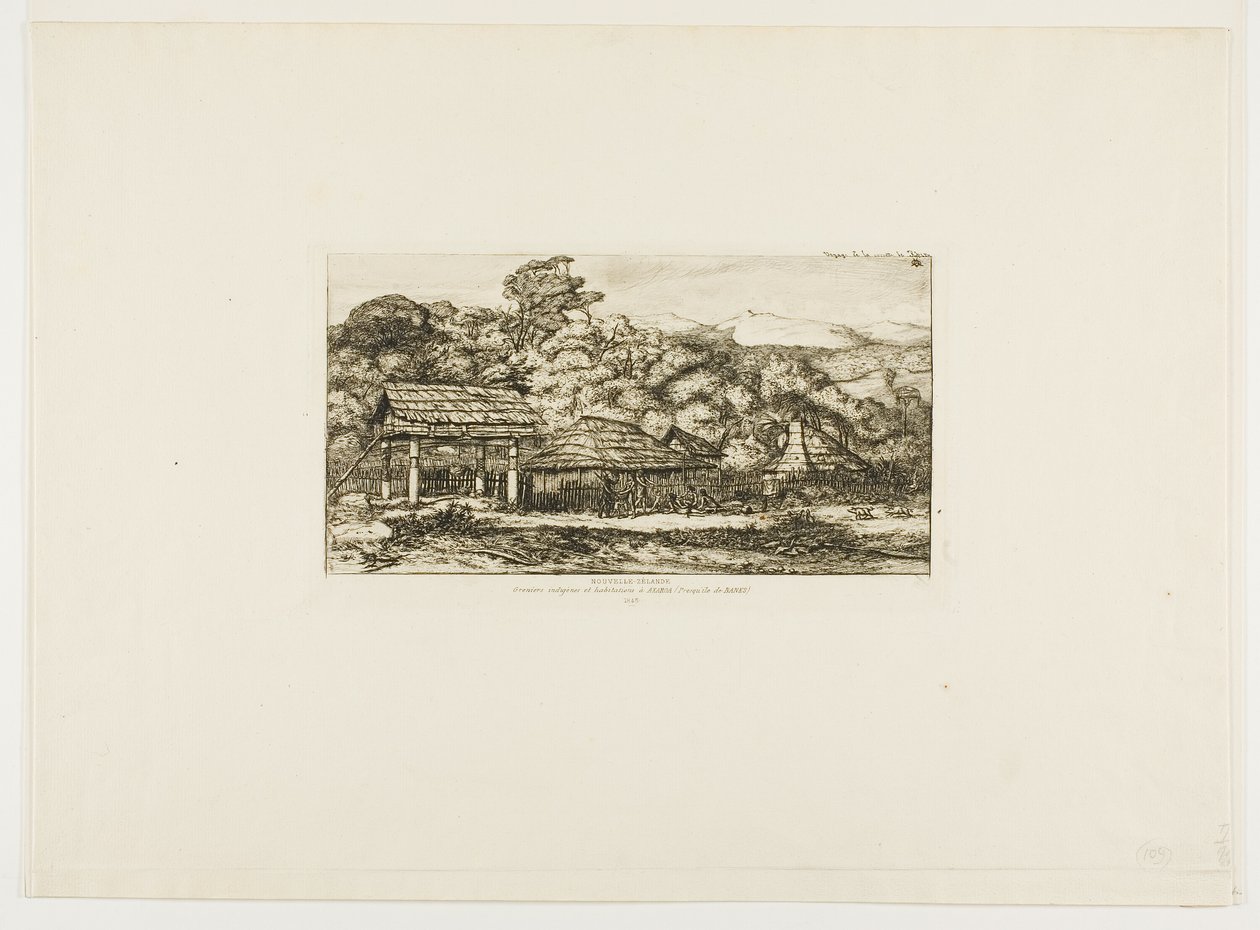 Celeiros e cabanas de nativos em Akaroa, Península de Banks, 1845 de Charles Meryon
