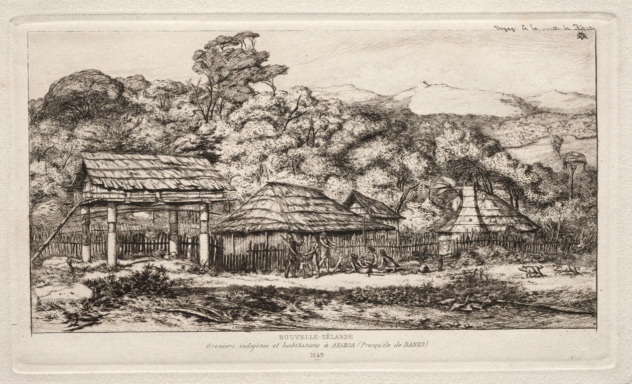Celeiros e cabanas nativos em Akaroa, Península de Bancos, 1845, 1865. de Charles Meryon