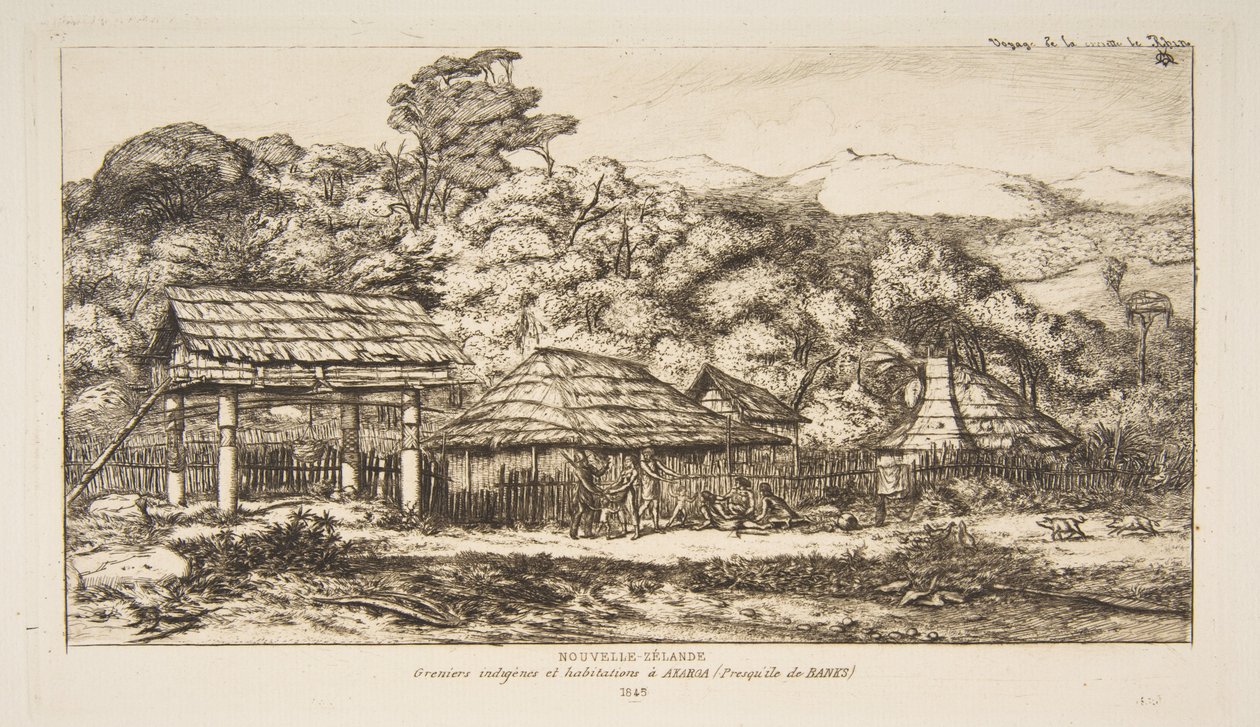 Celeiros e cabanas indígenas em Akaroa, Península de Banks, 1845, de «A viagem à Nova Zelândia (1842-46)» de Charles Meryon