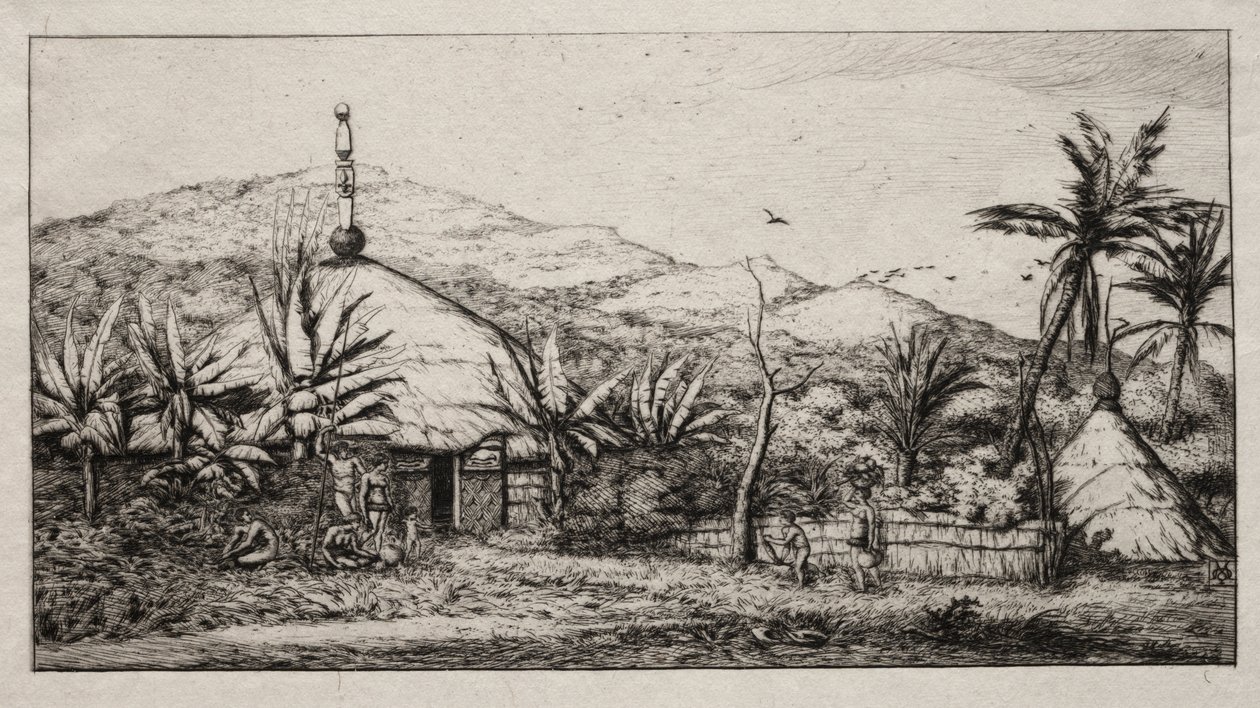 Nova Caledônia: Grande cabana nativa na estrada de Balade a Puebo, 1845 de Charles Meryon