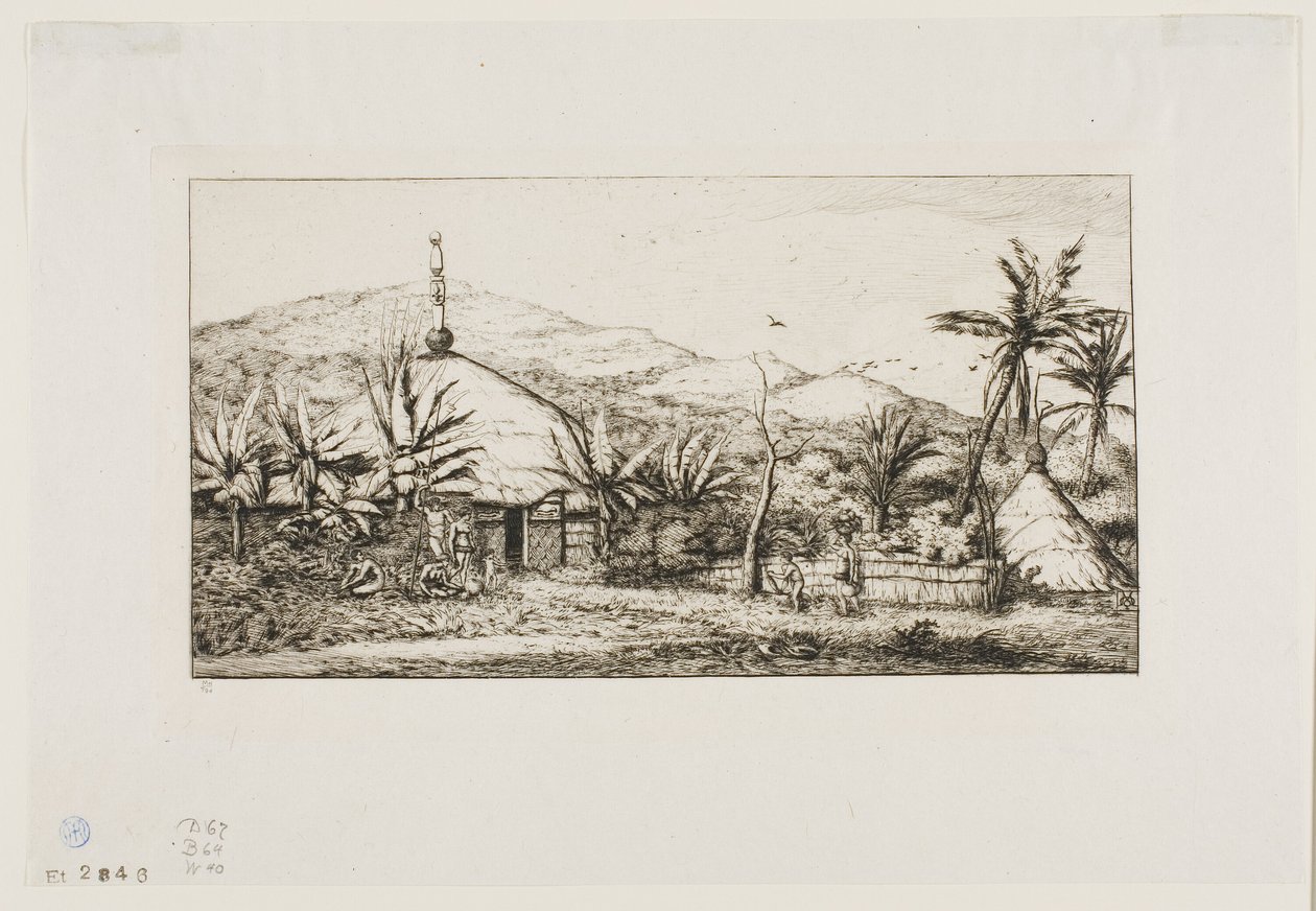 Nova Caledônia: grande cabana nativa na estrada de Balade a Puépo, 1845 de Charles Meryon