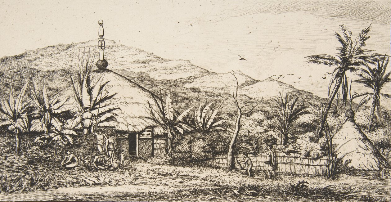 Nova Caledônia: Grande cabana nativa na estrada de Balade a Puebo, 1845, 1863. de Charles Meryon