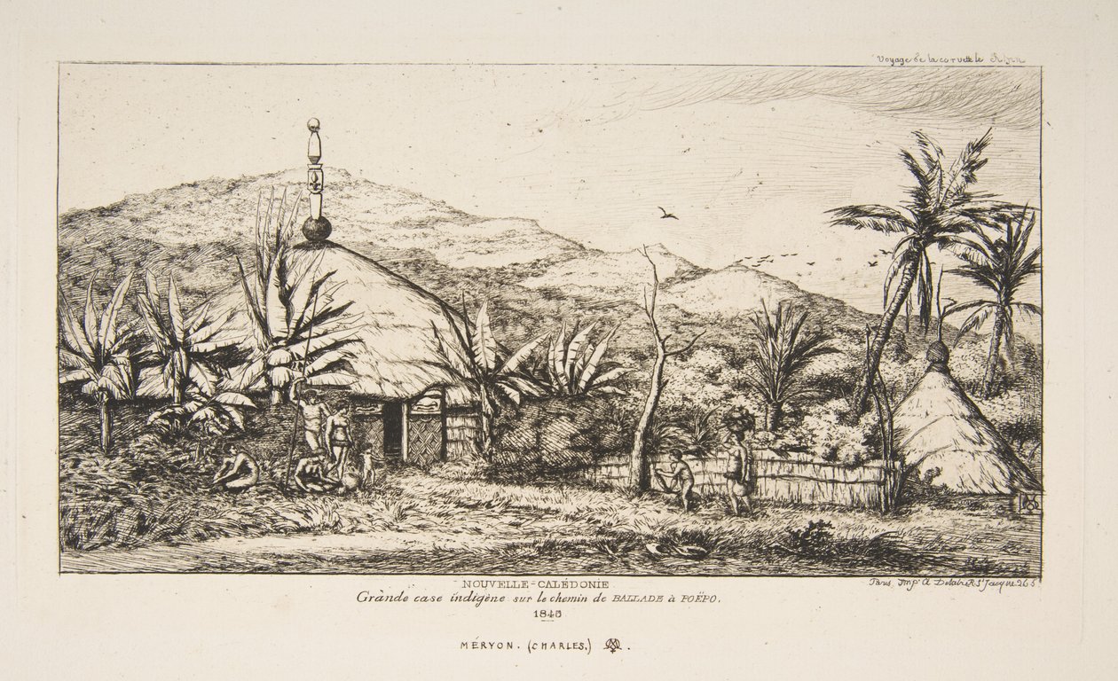 Nova Caledónia: Grande cabana indígena na estrada de Balade para Puebo, 1845, de "A viagem à Nova Zelândia (1842-46)" de Charles Meryon