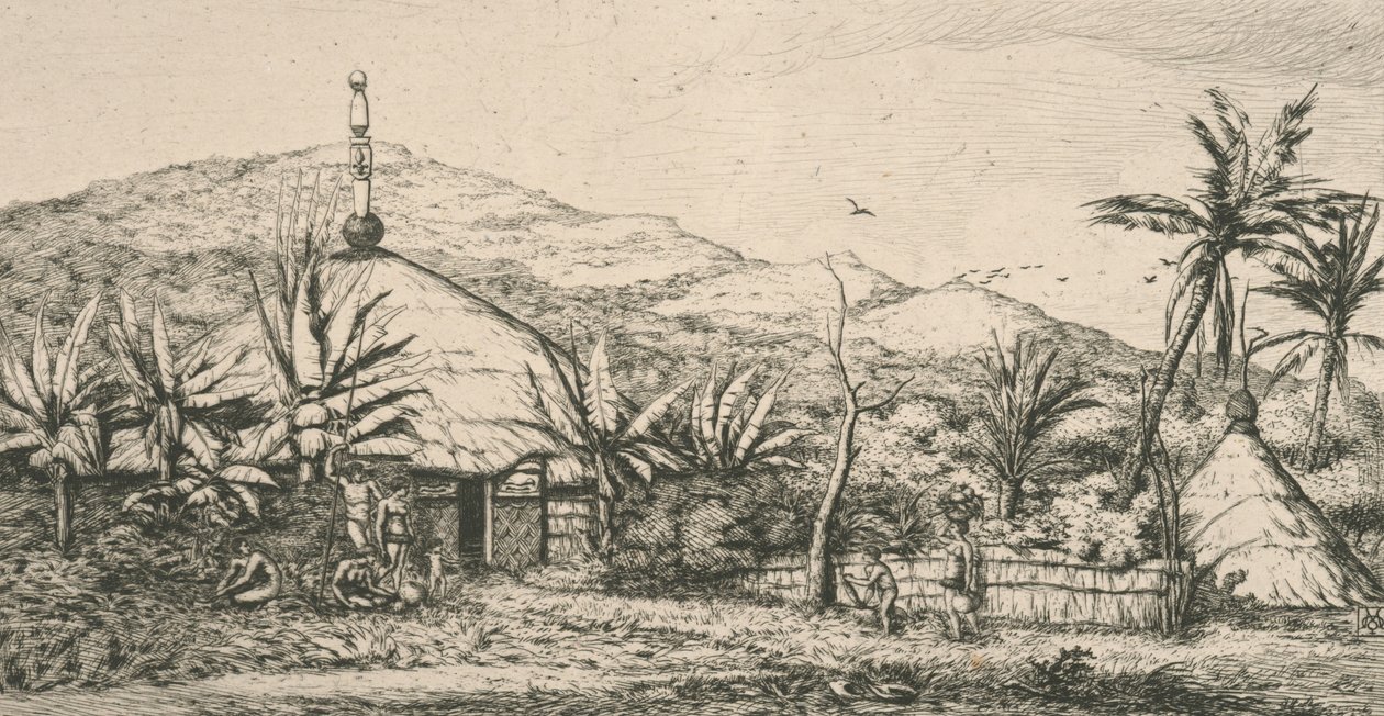 Nova Caledônia, Nouvelle Calédonie: grande cabana nativa na trilha de baladas em Poepo, ilustração de "Gravura do Pacífico ...", 1863 de Charles Meryon