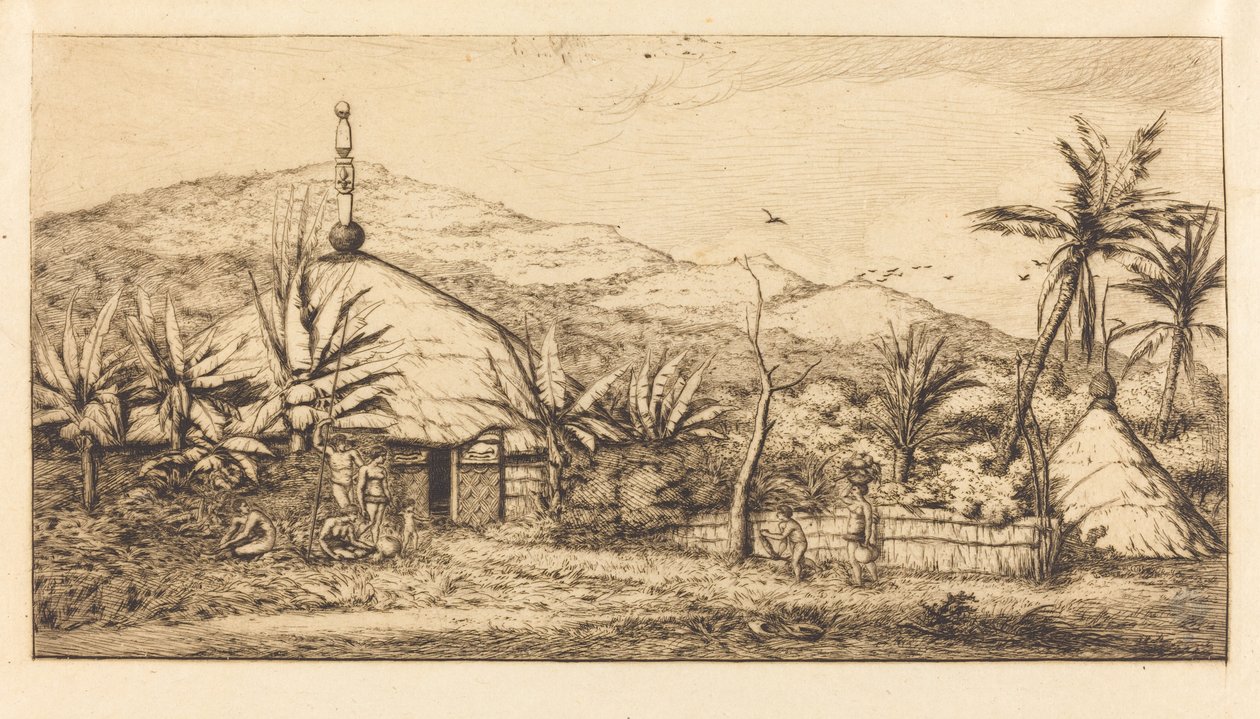 Nova Caledônia: Grande cabana nativa na estrada de Ballade a Poebo, 1845 (Nova Caledônia: Grande cabana nativa na estrada de Balade a Puebo, 1845) de Charles Meryon
