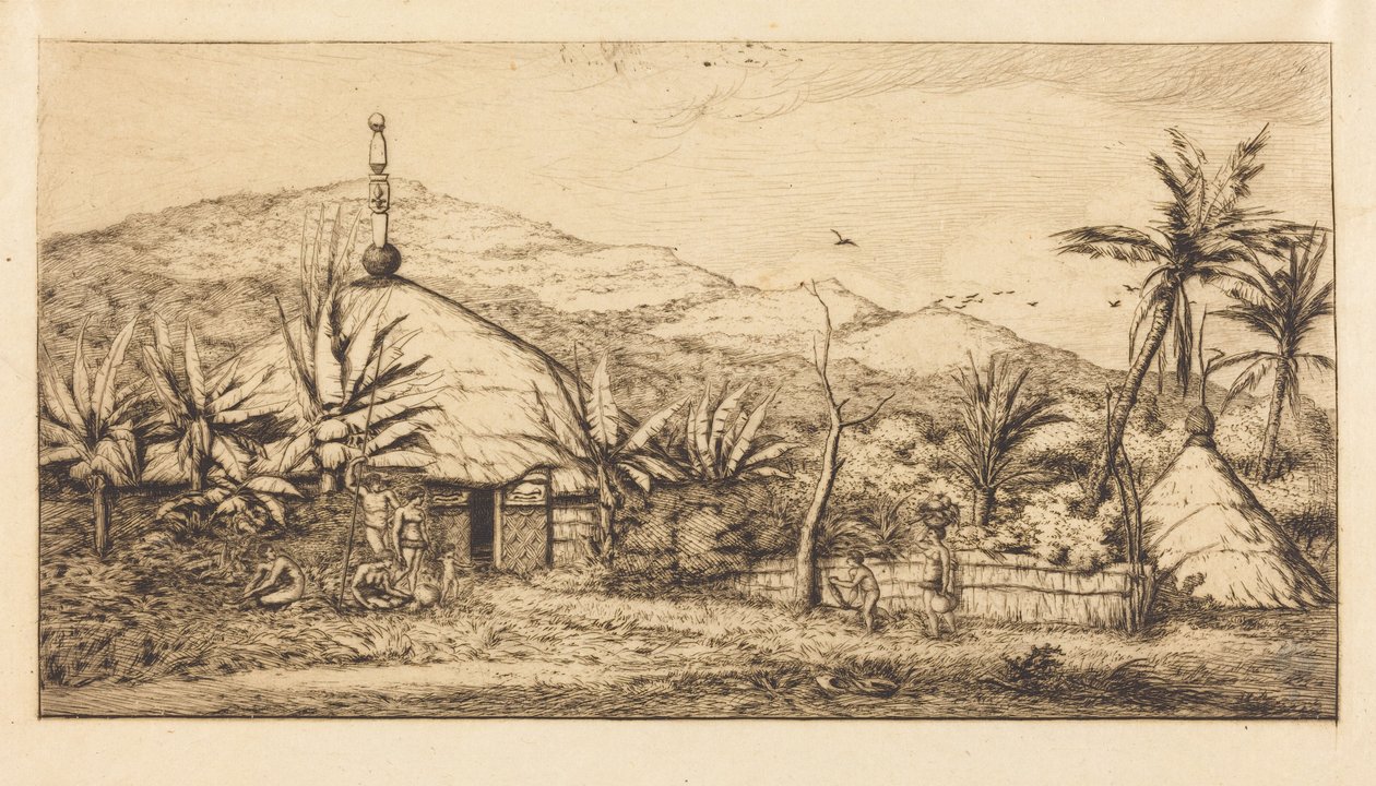 Nova Caledónia: Grande cabana indígena no caminho de Balade para Poepo, 1845 (Nova Caledónia: Grande cabana indígena no caminho de Balade para Puebo, 1845) de Charles Meryon