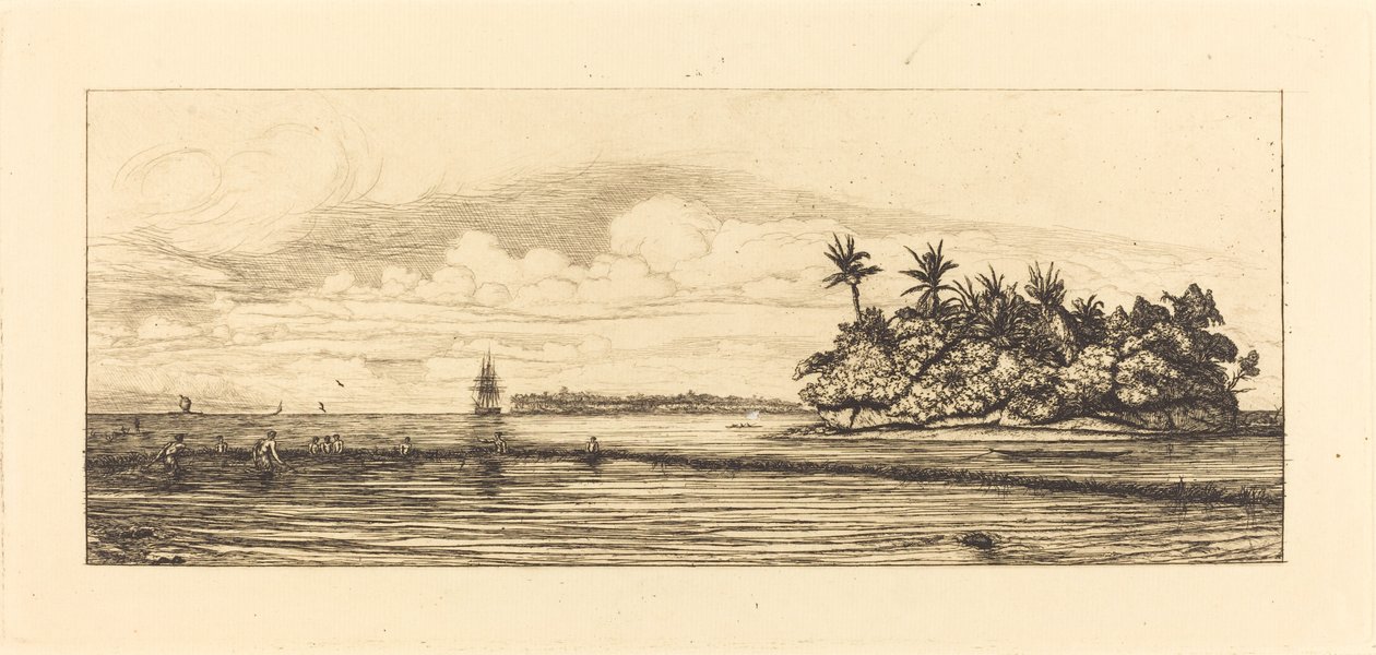 Oceania, ilhas em Uvea (Wallis); Peche aux palmes, 1845 (Oceania: Fishing, Near Islands with Palms in the Uea ou Wallis Group) de Charles Meryon
