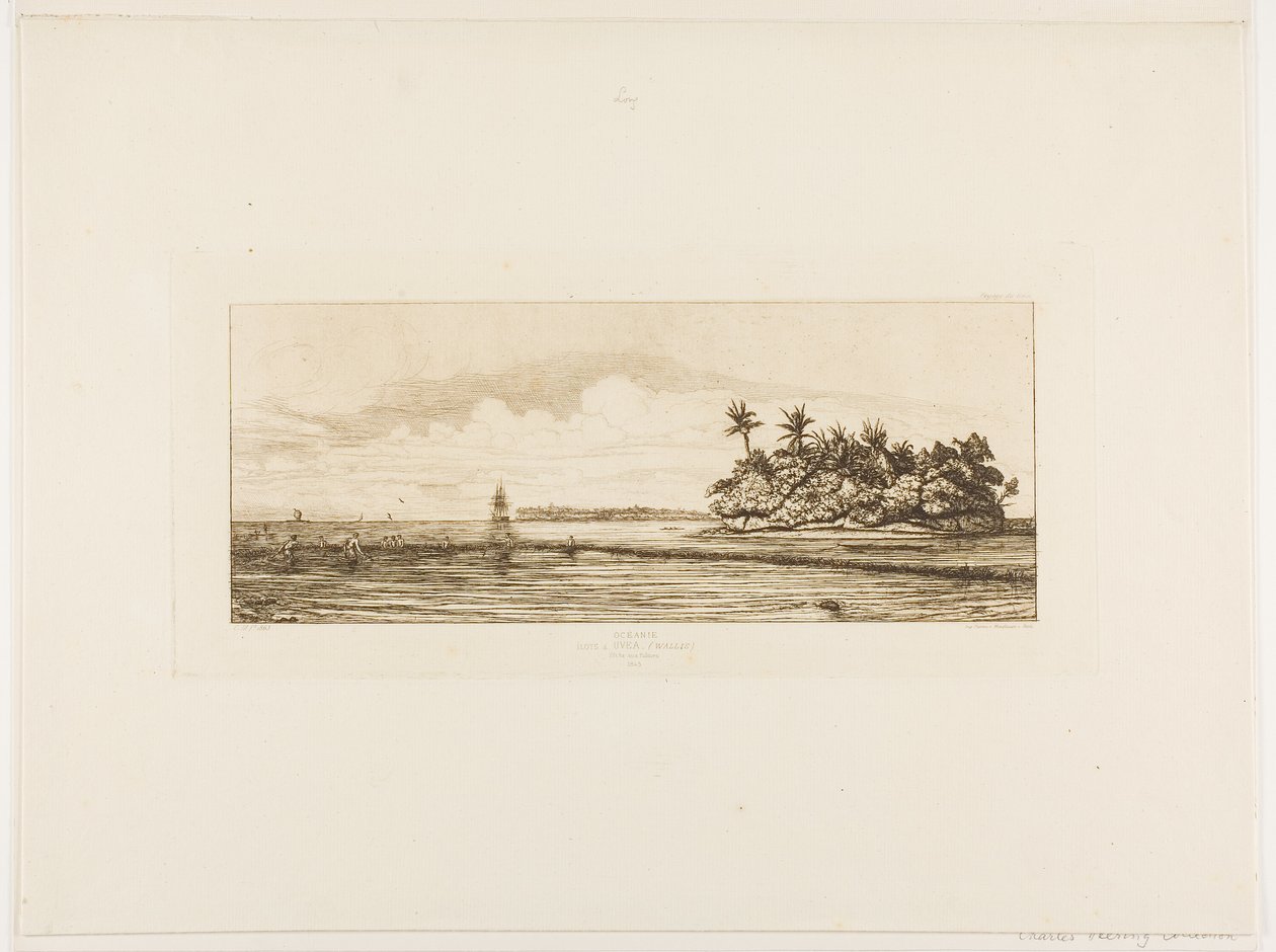 Oceânia: Pesca, perto de ilhas com palmeiras no grupo Uea ou Wallis, 1845 de Charles Meryon