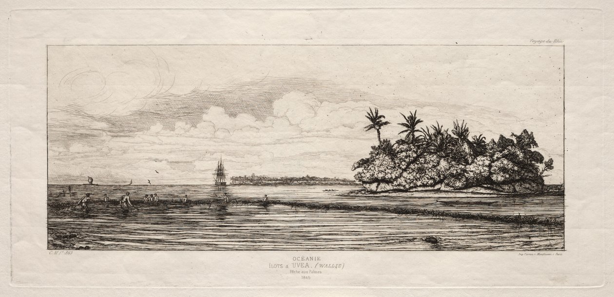 Oceania: Pesca perto de ilhas com palmeiras no Uea ou Wallis Group, 1845 de Charles Meryon