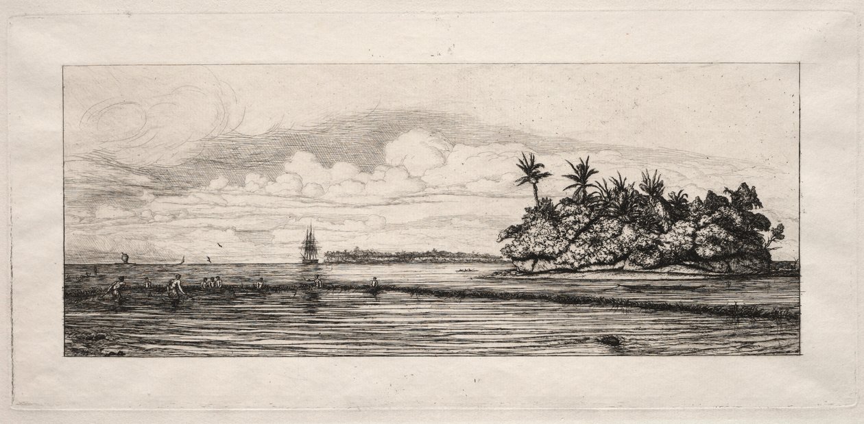 Oceania: Pescar perto de ilhas com palmeiras no grupo Uea ou Wallis, 1863. de Charles Meryon