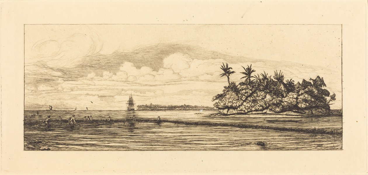 Oceânia, ilhotas em Uvea (Wallis); Pesca com barbatanas, 1845 (Oceânia: Pesca, perto de ilhotas com palmeiras no arquipélago de Uvea ou Wallis) de Charles Meryon