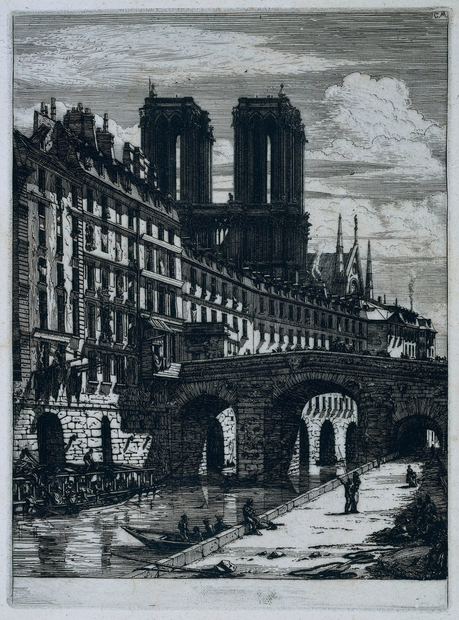 Pequena ponte sobre o Sena em Paris A Pequena Ponte Água-forte em Paris (título da série) de Charles Meryon