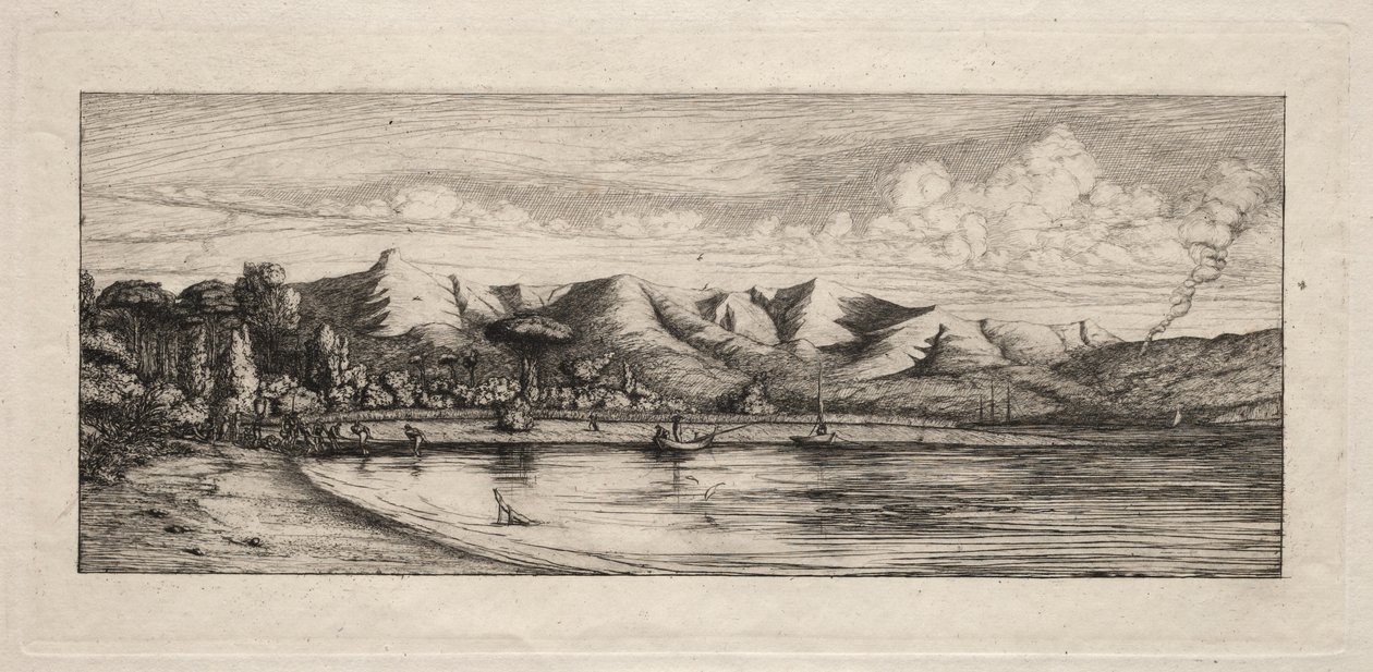 Seine que pesca fora do ponto dos queimadores de carvão vegetal, Akaroa, 1865. de Charles Meryon