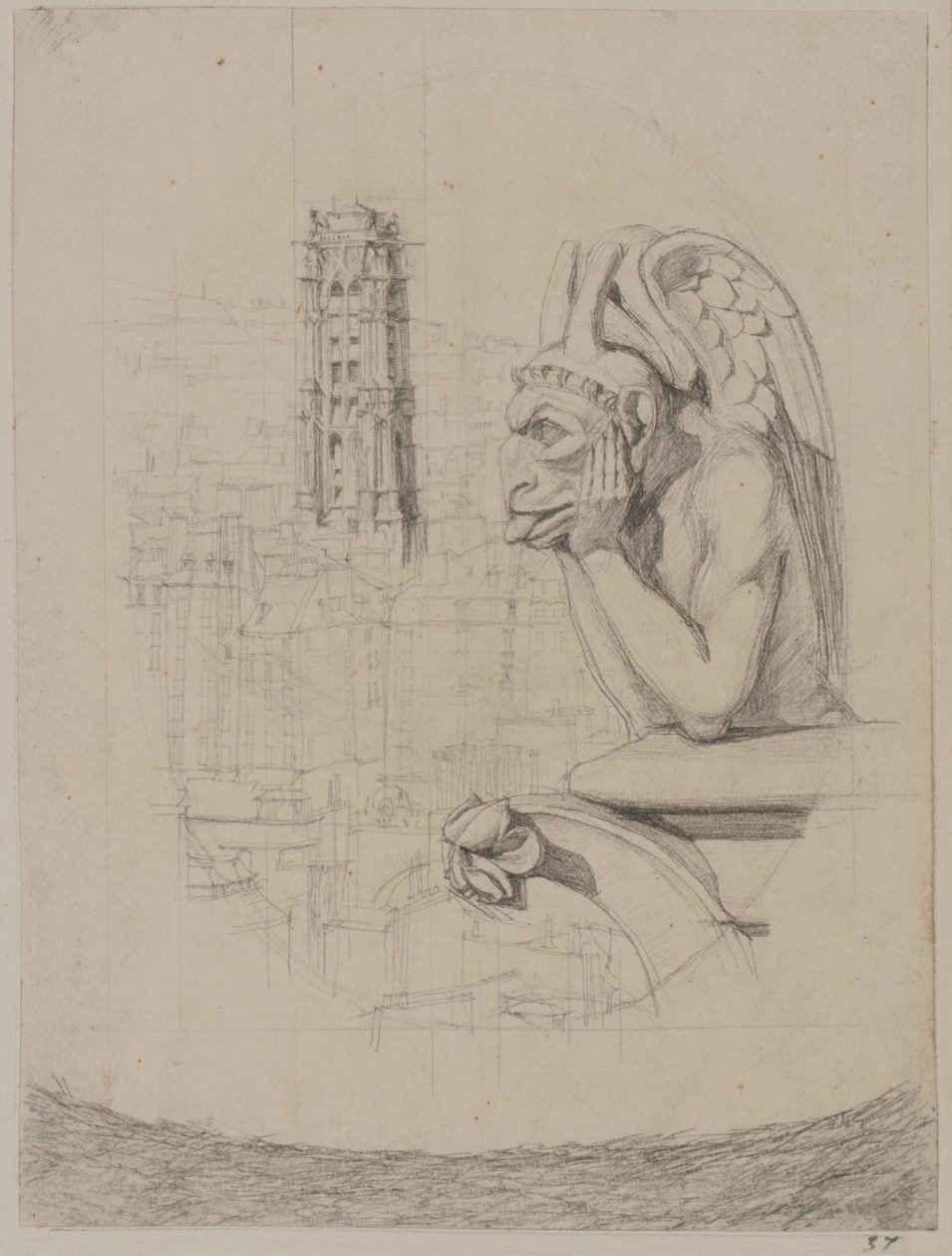 Estudo para «Le Stryge»: A quimera e a torre de Saint-Jacques de Charles Meryon