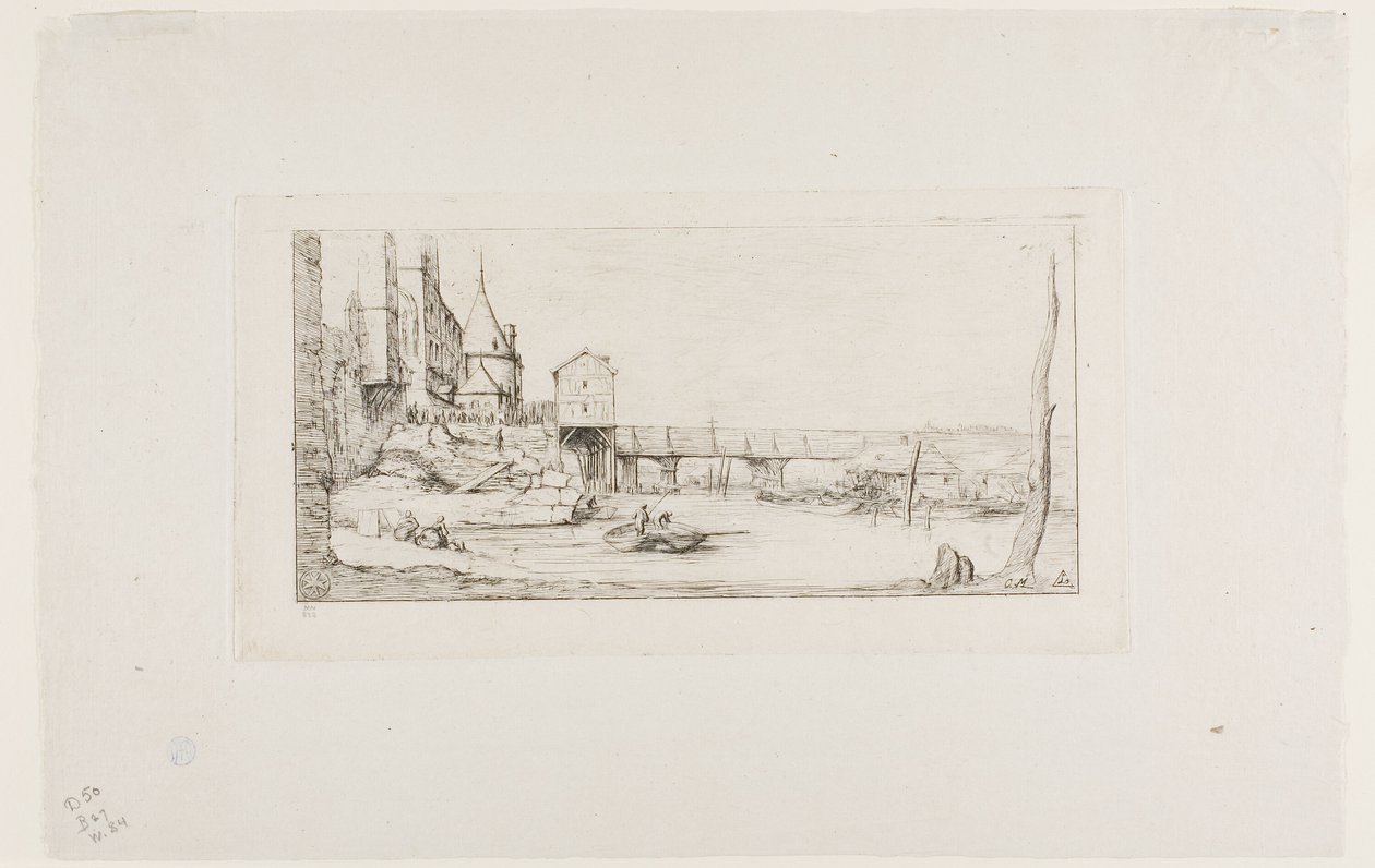 A passarela substituindo temporariamente o Pont-au-Change, Paris, após o incêndio de 1621 de Charles Meryon