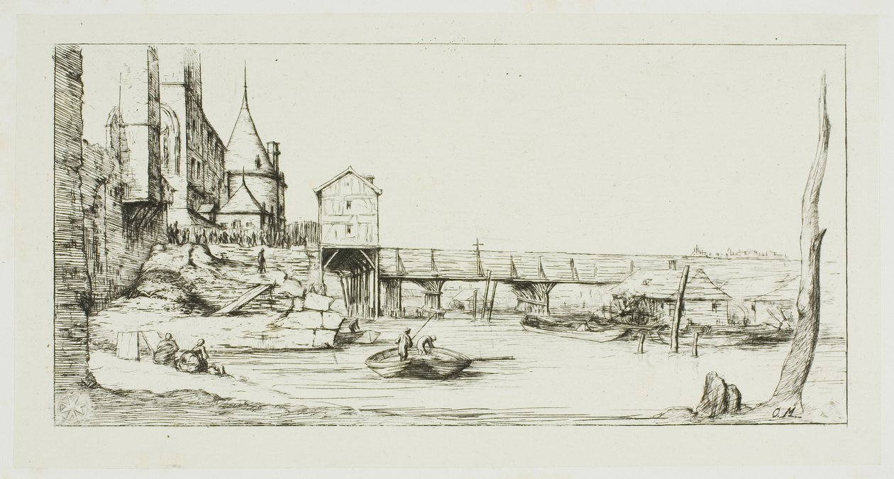A passarela substituindo temporariamente o Pont-au-Change, Paris, após o incêndio de 1621 de Charles Meryon