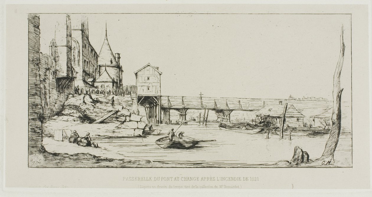 A passarela substituindo temporariamente o Pont-au-Change, Paris, após o incêndio de 1621 de Charles Meryon