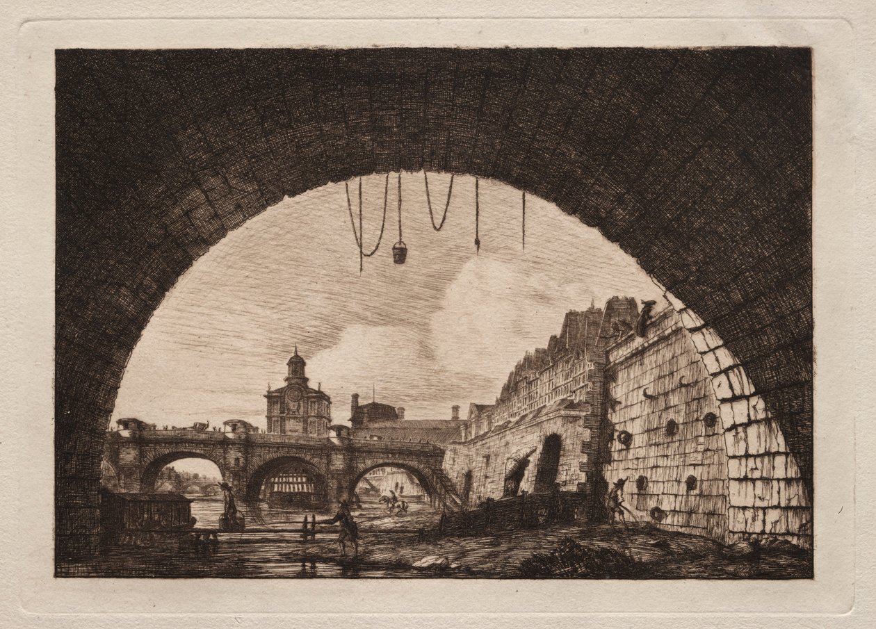 A Ponte Nova e o Samaritaine, vistas de baixo do Primeiro Arco ..., 1855. de Charles Meryon
