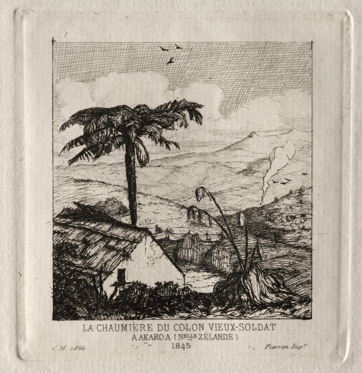 A cabana dos colonos do velho soldado em Akaroa, 1845, 1866. de Charles Meryon