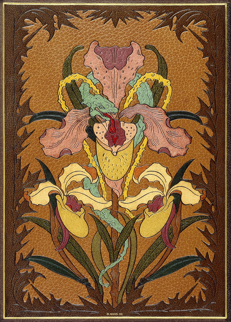 Forro de "Les Fleurs du Mal", de Charles Baudelaire, retratando uma serpente entrelaçada ao redor de uma íris de Charles Meunier